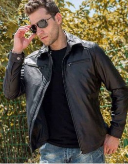 Slim Fit Shirt Style Collar Black Leather Jacket